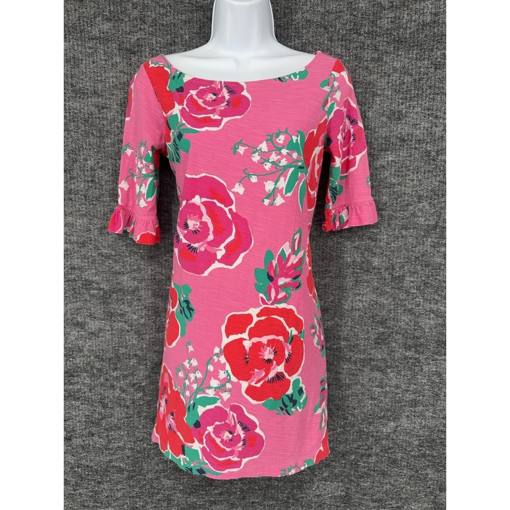 Lilly Pulitzer T Shirt Dress Womens S Pink Floral Boat Neck Shift Ruffle Sleeve